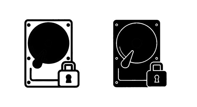 Vector illustration of hard drive icon with padlock symbol for data security and encryption on a transparent background
