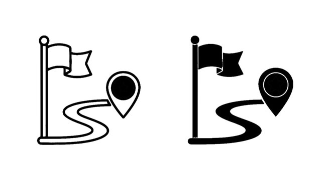 Vector illustration of set of flag and map pin icons with path representing a journey or goal on a transparent background