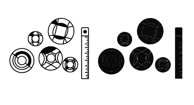 Vector illustration of set of various circular geometric patterns and a measuring ruler icon on a transparent background
