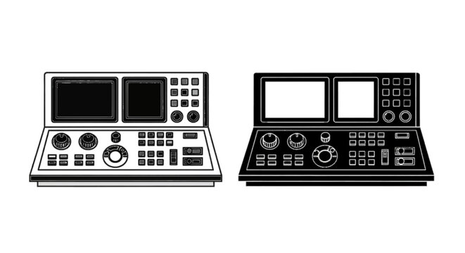 Vector illustration of control panel with screens and buttons for industrial machinery or equipment on a transparent background