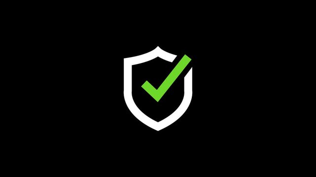 shield with checkmark graphic animation on Black Background. security concept, Cybersecurity protection, network security validation, it infrastructure defense, data safety certification video