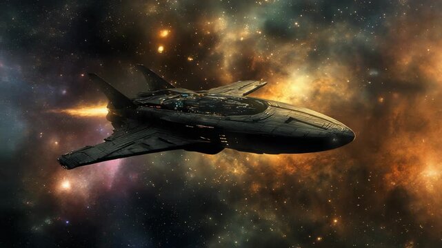 Futuristic spaceship traveling through a glowing golden nebula in deep space, with stars and cosmic dust filling the background. This sci fi concept represents intergalactic exploration and travel