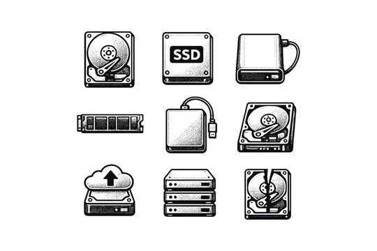 Collection of computer storage devices and components in a retro illustration style