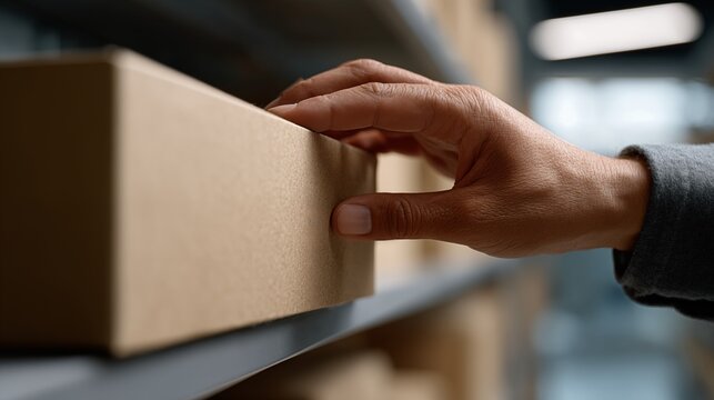 Close up of a worker's hand picking a cardboard box from a shelf in a warehouse