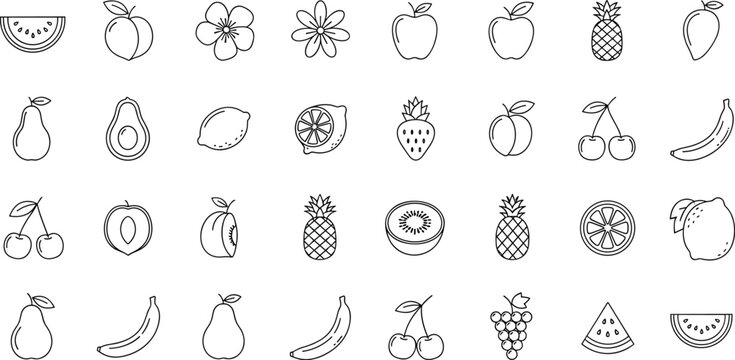 Fruit outline icon set with apple banana pineapple cherry avocado citrus and tropical fruits thin line vector illustration collection