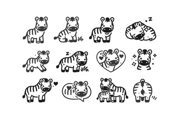 Naklejka premium Cute cartoon zebra illustrations in various adorable poses and expressions
