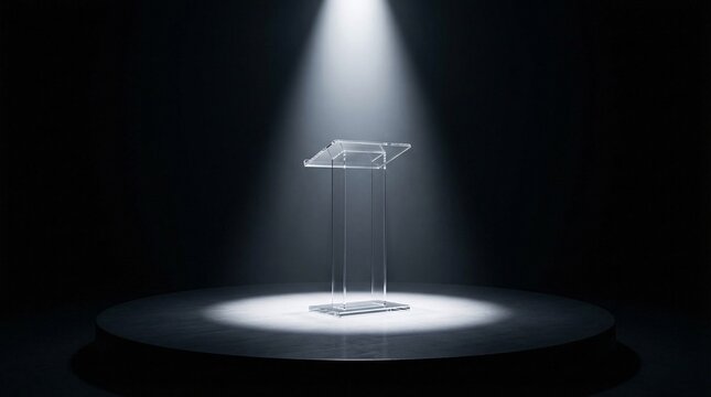 Perfectly empty circular stage presenting contemporary presentation lecterns crafted from solid block acrylic beneath intense spotlights.