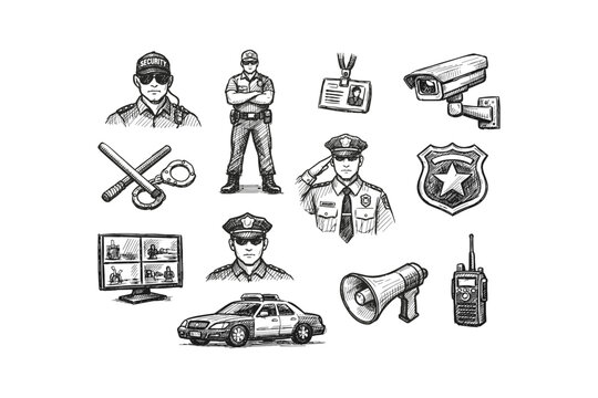 Collection of hand-drawn security and law enforcement icons and symbols