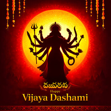 A vibrant illustration of Goddess Durga on Vijaya Dashami festival