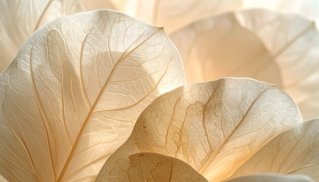 A close-up photograph showcases the intricate vein structure of dried leaves, bathed in soft, warm light, creating an ethereal and delicate composition.