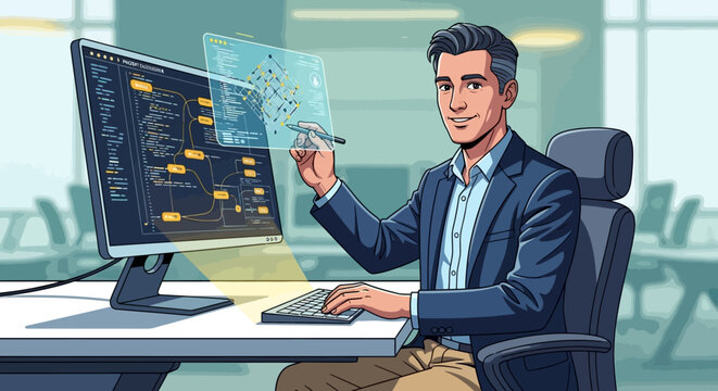 Software Developer Working with Futuristic Holographic Interface and Coding in Modern Office Illustration