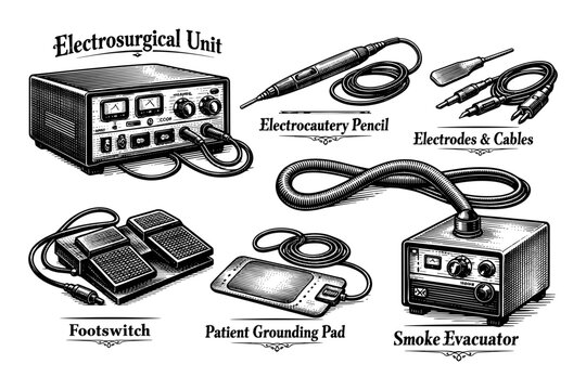 Detailed illustration of electrosurgical unit and accessories for medical procedures