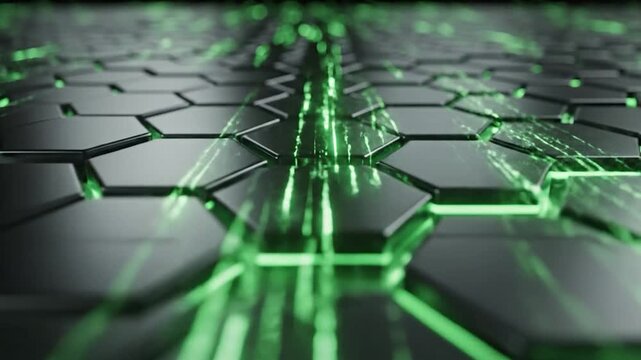 A futuristic, abstract hexagonal grid with glowing green energy flowing through the gaps, creating a sense of advanced technology and digital data
