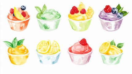 Naklejka premium Watercolor collection of colorful ice cream cups with lemon, raspberry, blueberry, and mint toppings isolated on white background. Generative AI