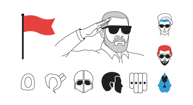 Military Salute Illustration - Bearded Man in Sunglasses with Red Flag and Icon Set - Minimalist Vector Line Art for Security and Gaming Avatars