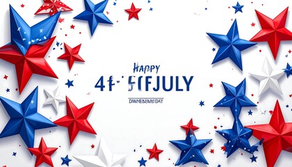 Obraz premium A festive composition with vibrant red, white, and blue stars scattered on a white background, celebrating a summer holiday. The words 