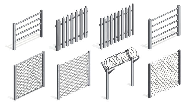 Set of Isometric Metal Fences and Barriers including Chain Link, Barbed Wire, Picket, and Railing Designs on White Background