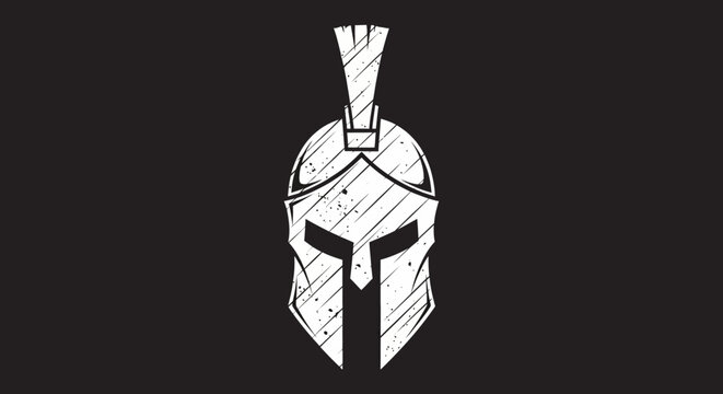 Spartan Helmet Logo with Distressed Texture, Ancient Greek Warrior Mask Illustration on Black Background