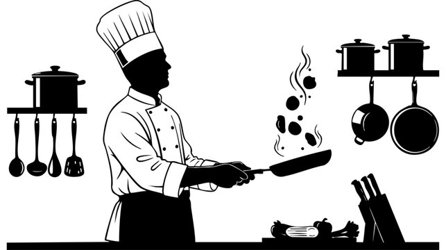 A chef cooking with a frying pan isolated on transparent background, Vector