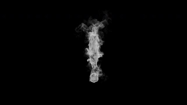 Smoking exclamation mark symbol ! with realistic white smoke. Smoky punctuation animation for warnings, titles, alerts, intros and motion graphics. Seamless loop in 4K, alpha channel.