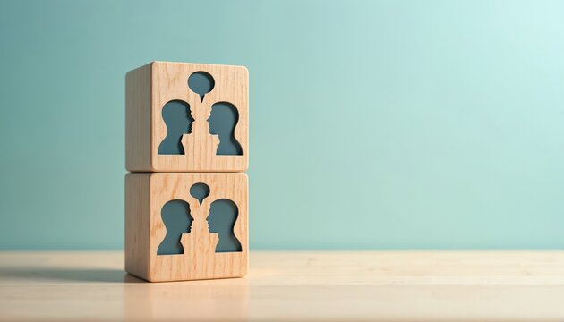 Two wooden blocks show heads with speech bubbles for communication. People interact, share ideas, and discuss topics. Collaboration and conversation for business growth and teamwork.