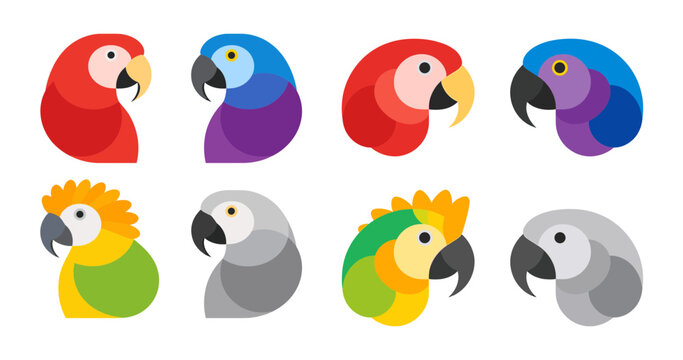 Collection of Modern Stylized Parrot and Macaw Head Icons, Colorful Geometric Tropical Bird Logos for Branding, Identity, and Creative Design.