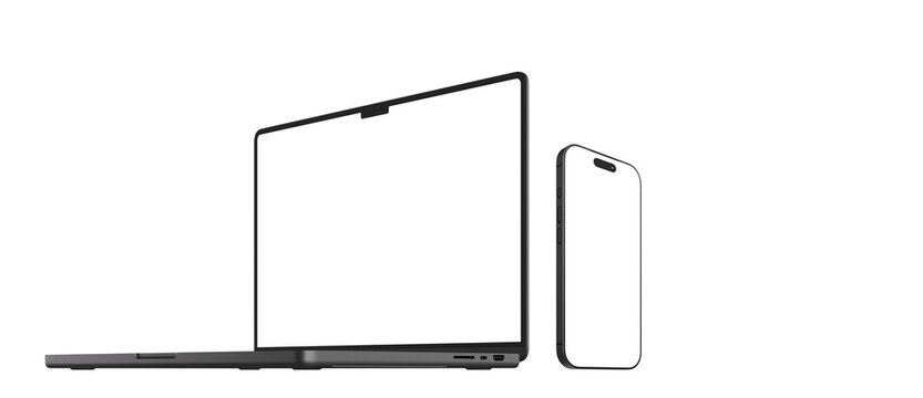 Black MacBook and vertical iPhone on an isolated background with a transparent screen for web and app UI design.