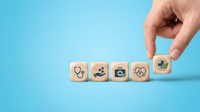 Global Sustainable Healthcare Concept with Wooden Blocks and Eco Medical Icons
