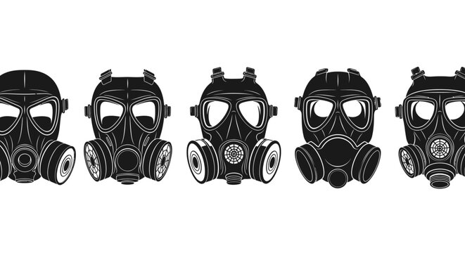 Set of Five Gas Mask Icons and Respirator Vector Illustrations for Industrial Safety, Tactical Gear, and Apocalyptic Design Themes