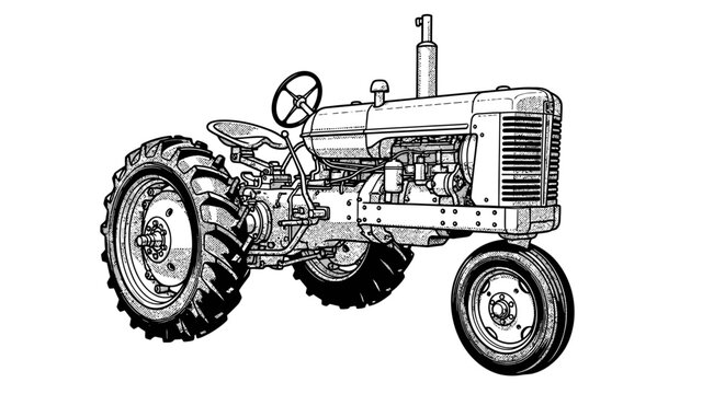Vintage Farm Tractor Illustration - Black and White Retro Line Art Sketch of Antique Agricultural Machinery