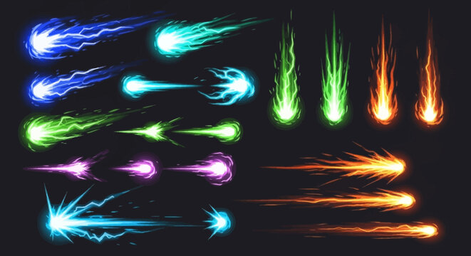 Magic Energy Projectiles and VFX Game Effects Set: Colorful Fireballs, Lightning Bolts, and Arcane Power Spells for Animation and Game Design