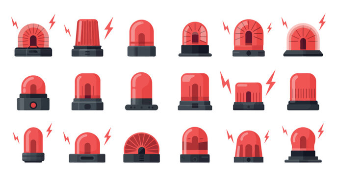 Emergency siren icon set featuring red beacons, alarm lights, and glossy flashing police or ambulance signal lamps, representing crisis, hazard, and urgent evacuation alerts, isolated vector illustrat