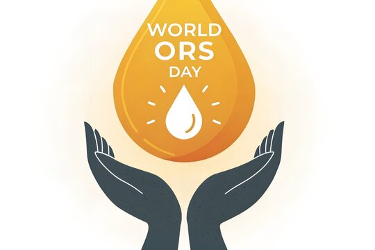 An illustrative graphic celebrating World ORS Day, featuring cupped hands gently holding a large, golden, glowing liquid drop with a smaller white water drop icon inside, symbolizing global health awa