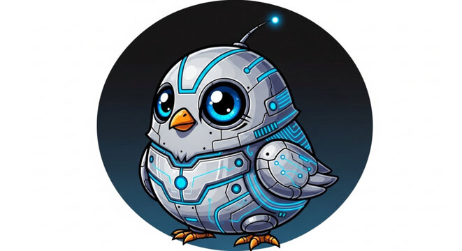 Cute robotic bird with blue circuits and big eyes in a futuristic design on a dark background