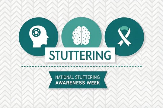 This thoughtful graphic illustration promotes national stuttering awareness week, featuring symbolic icons representing the complexity of speech disorders, brain function, and the importance of advoca