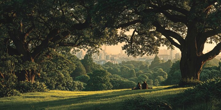 Couple relaxing on grassy hill under large trees overlooking city skyline at sunset in peaceful urban park 
