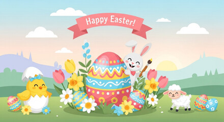 Naklejka premium Colorful easter scene with decorated egg bunny chick and lamb in a floral landscape