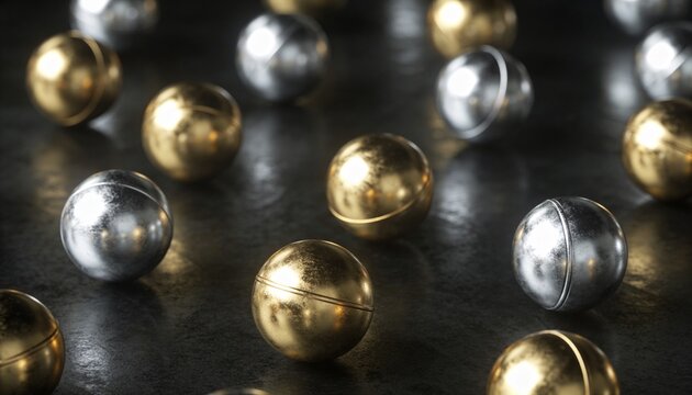 Gold sphere occupying lower center, catching light, revealing seam and scratches, bokeh for design