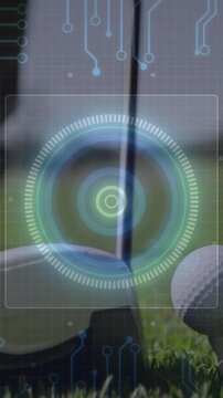Vertical video: Golf club head and ball sitting on tee, overlay animating HUD reticle for alignment