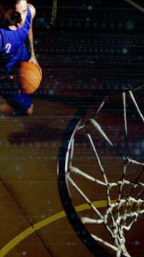 Vertical video: Basketball entering left, player2 rising and dunking for scoring with scanline