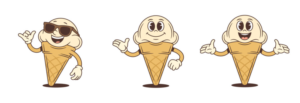 Set of retro cartoon ice cream characters. Mascot collection shows shaka sign, wears sunglasses, and presents something. Groovy vector illustration for stickers or brand logotype design