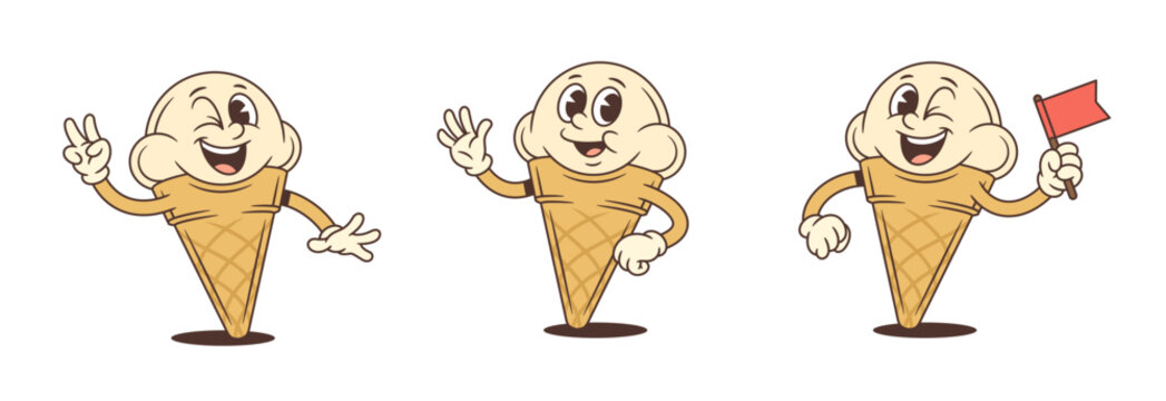 Set of retro cartoon ice cream characters. Mascot shows peace sign, waves hand, holds flag. Friendly vector illustration for stickers, emoji or brand logotype. Food character collection