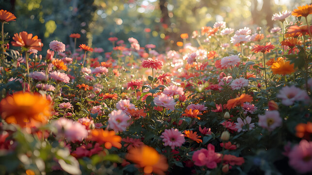 Wildflower meadow golden hour soft light nature background
