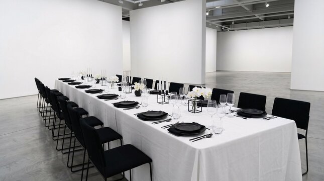 Exclusive modern art gallery housing long rectangular VIP dining tables draped in impeccable white linens surrounded by minimalist chairs.