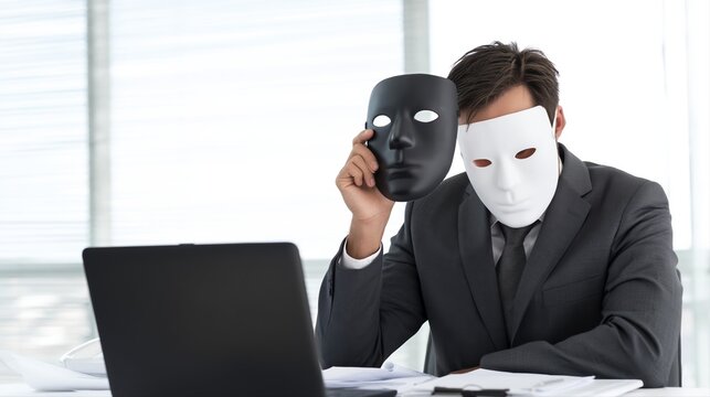 A man in a suit with a white mask holds a black mask at his desk, symbolizing corporate secrecy and intrigue. The dramatic office setting highlights identity concealment.