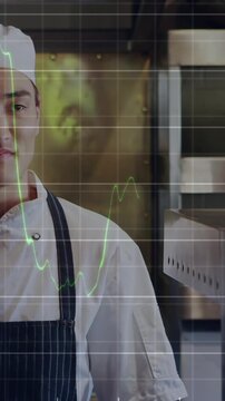 Vertical video: Gridlines appearing, charts animating as chef entering, graphs rising showing sales