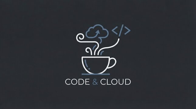 Coffee cup with steam forming a cloud icon and code brackets. Represents the synergy between programming and cloud computing. Ideal for software developer blogs or tech branding.