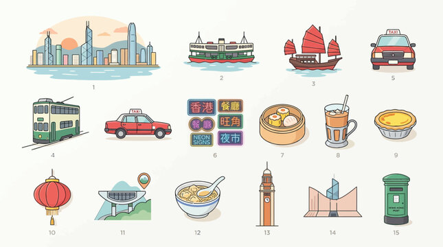 A collection of colorful flat design illustrations depicting iconic landmarks, transport, food, and cultural symbols of Hong Kong.