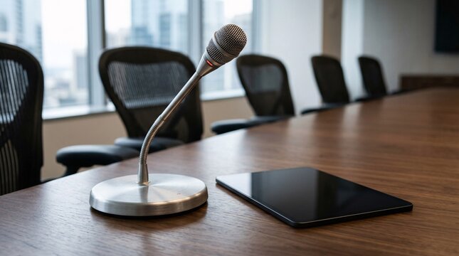 Dark walnut boardroom tables holding pristine blank digital tablets and sleek silver conference microphones prepared for business meetings.