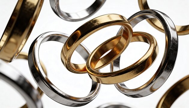 Floating cluster of polished gold and silver rings reflecting studio light on white backdrop